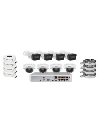 Комплект из 4-х купольных и 4-х цилиндрических IP камер HiWatch (2Mpx/2.8mm) с питанием по PoE