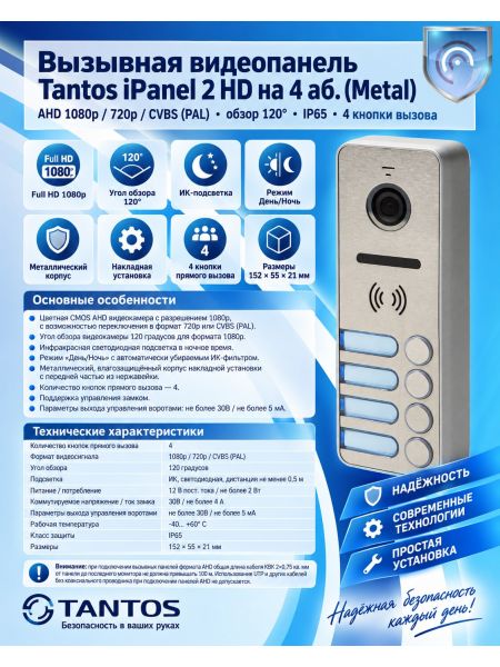 Tantos iPanel 2 HD (Metal) 4 аб. вызывная панель видеодомофона на 4 абонента